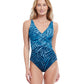 Front View Of Profile By Gottex Wildlife V-Neck Surplice One Piece Swimsuit | GOTTEX WILDLIFE BLUE
