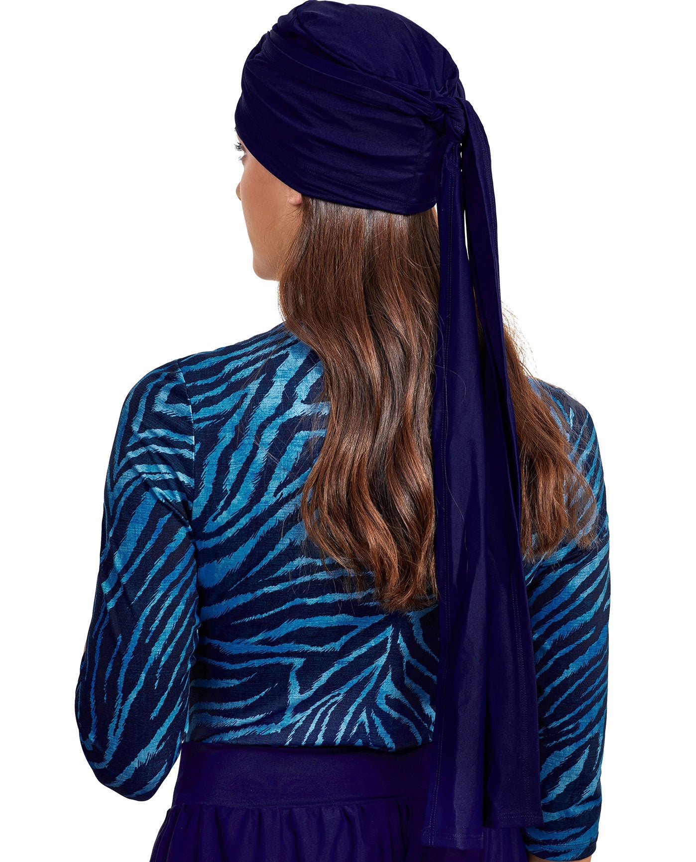 Back View Of Gottex Modest Hair Covering With Tie | GOTTEX MODEST ADMIRAL BLUE