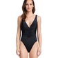 Front View Of Gottex Couture Cassiopeia Ruching V-Neck Plunge One Piece Swimsuit | Gottex Cassiopeia Black
