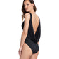 Back View Of Gottex Couture Cassiopeia Ruching V-Neck Plunge One Piece Swimsuit | Gottex Cassiopeia Black