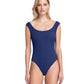 Front View Of Gottex Collection Elle Off The Shoulder High Leg One Piece Swimsuit | Gottex Elle Navy