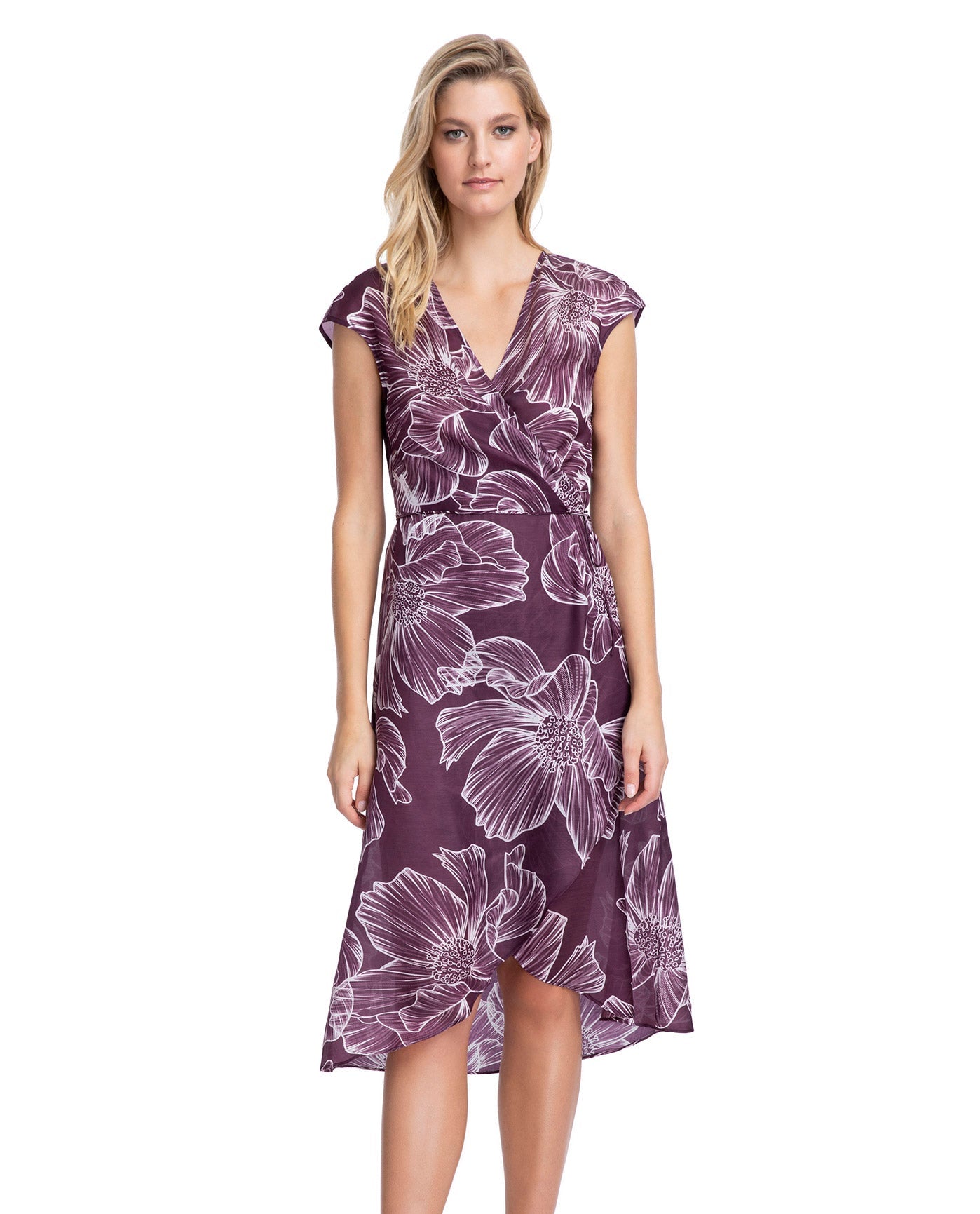 Front View Of Gottex Collection Lily Tie Front Long Surplice Wrap Cover Up Dress | Gottex Lily Wine