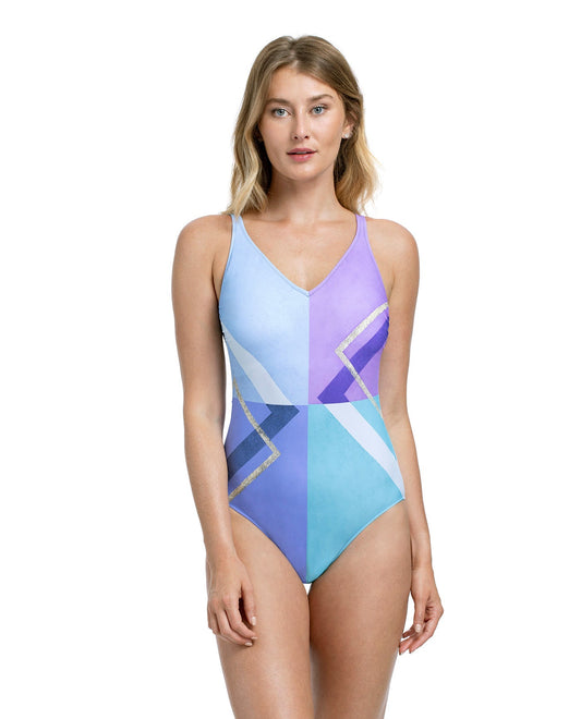 Front View Of Gottex Collection Modern Art Full Coverage V-Neck High Back One Piece Swimsuit | Gottex Modern Art Blue