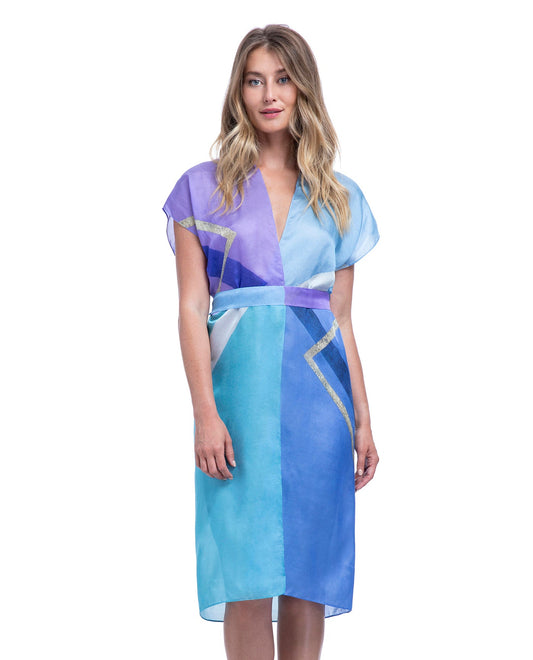 Front View Of Gottex Collection Modern Art Belted Kimono Cover Up | Gottex Modern Art Blue