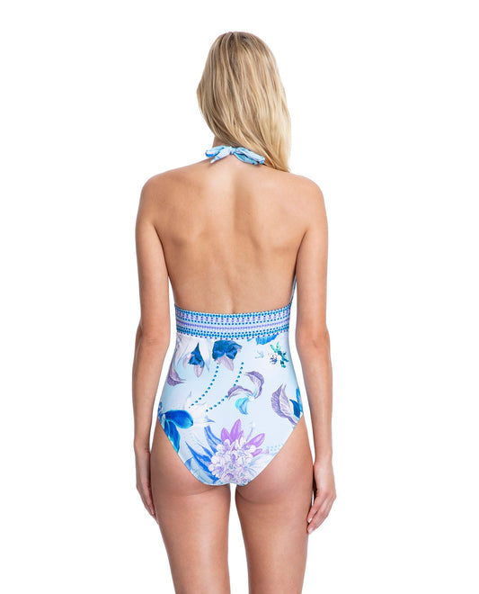 Back View Of Gottex Paradise Halter V-Neck One Piece Swimsuit | GOTTEX PARADISE BLUE
