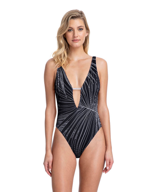 Front View Of Gottex Collection Palla Strappy Deep Plunge V-Neck One Piece Swimsuit | Gottex Palla Black And White
