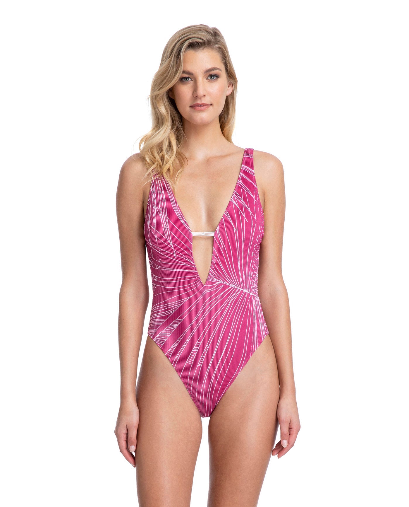 Front View Of Gottex Collection Palla Strappy Deep Plunge V-Neck One Piece Swimsuit | Gottex Palla Raspberry