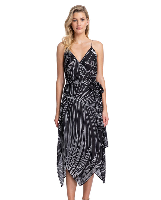 Front View Of Gottex Collection Palla V-Neck Wrap Cover Up Dress | Gottex Palla Black And White