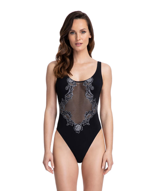 Front View Of Gottex Couture Supernova Scoop Neck Sheer Open Back One Piece Swimsuit | Gottex Supernova