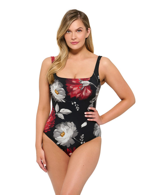 Front View Of Gottex Roses Are Red Full Coverage Dd-Cup Square Neck One Piece Swimsuit | Gottex Roses Are Red Floral