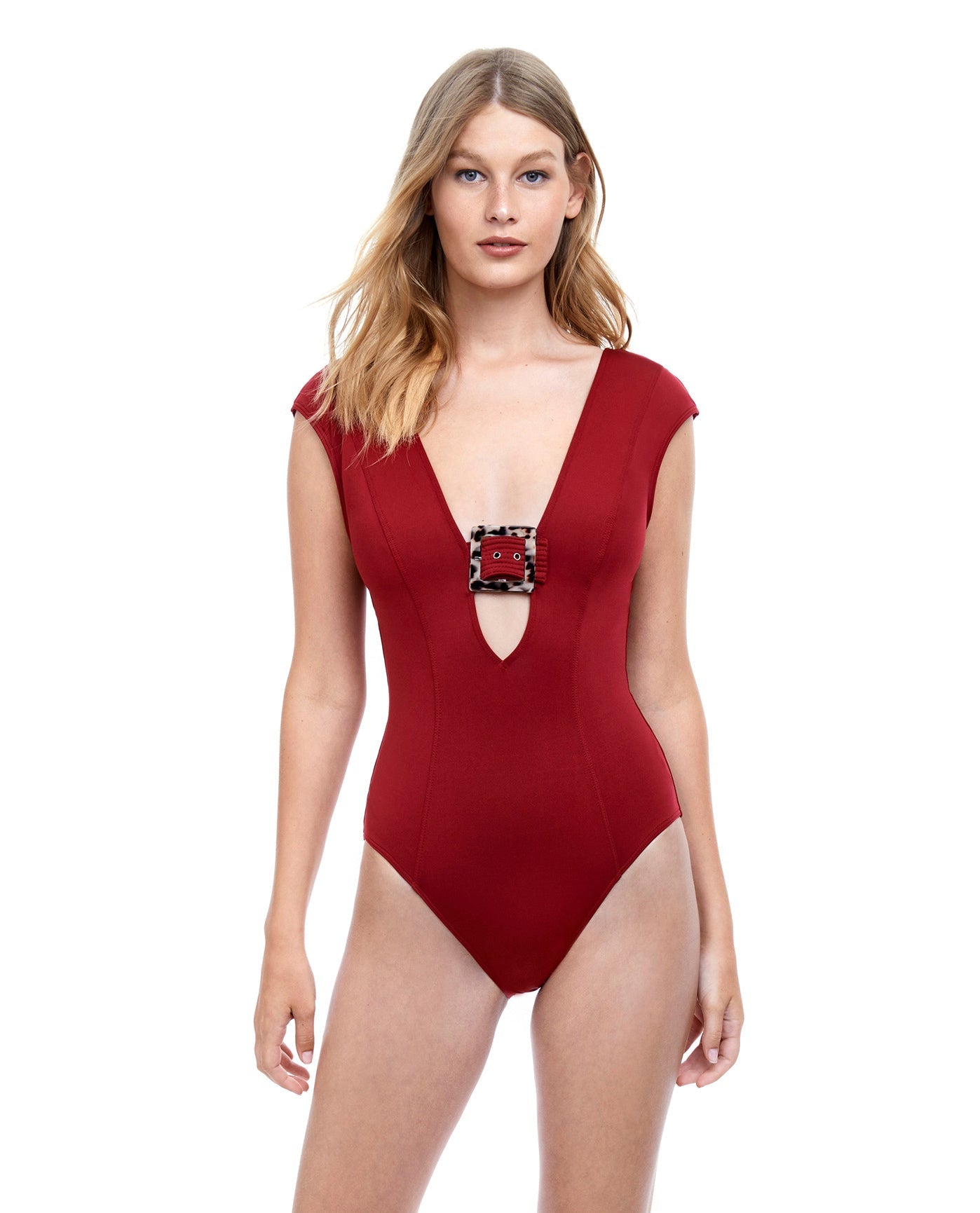 Front View Of Gottex Collection Safari Deep V-Neck One Piece Swimsuit | Gottex Safari Red