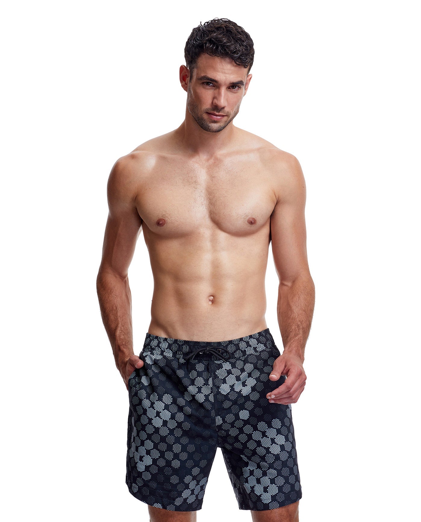 Front View Of Gottex Men 7-Inch Swim Trunks | GOTTEX MEN ABSTRACT BLACK AND WHITE