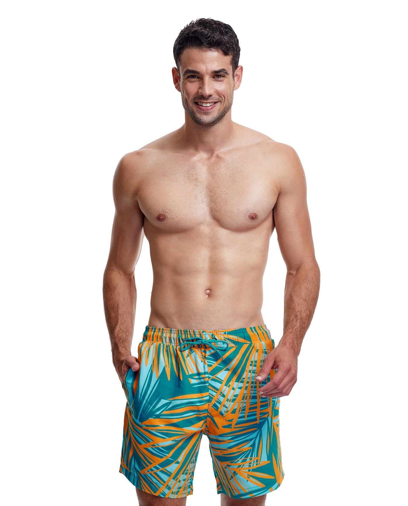 Front View Of Gottex Men 7-Inch Swim Trunks | GOTTEX MEN TROPICAL TURQUOISE AND BLUE