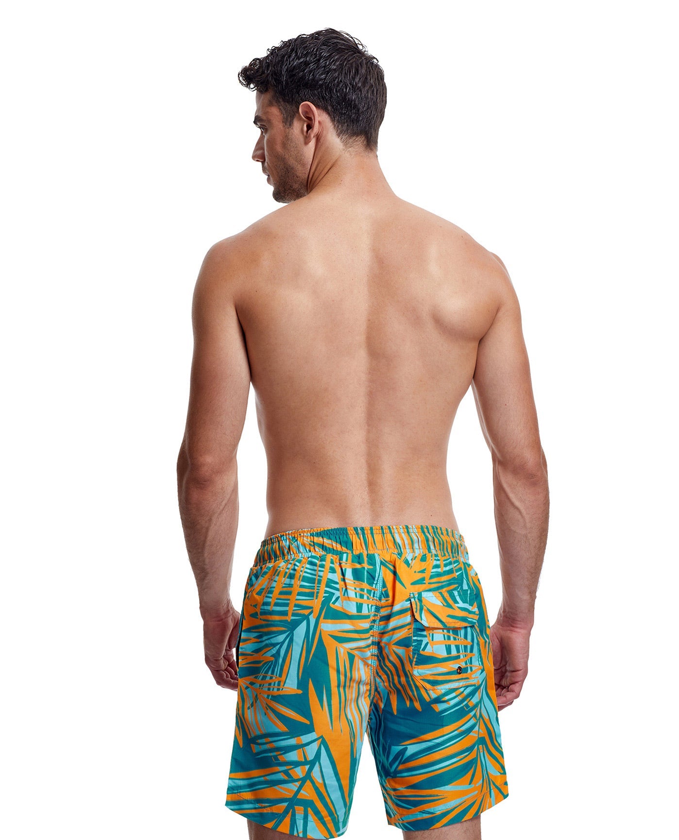 Back View Of Gottex Men 7-Inch Swim Trunks | GOTTEX MEN TROPICAL TURQUOISE AND BLUE