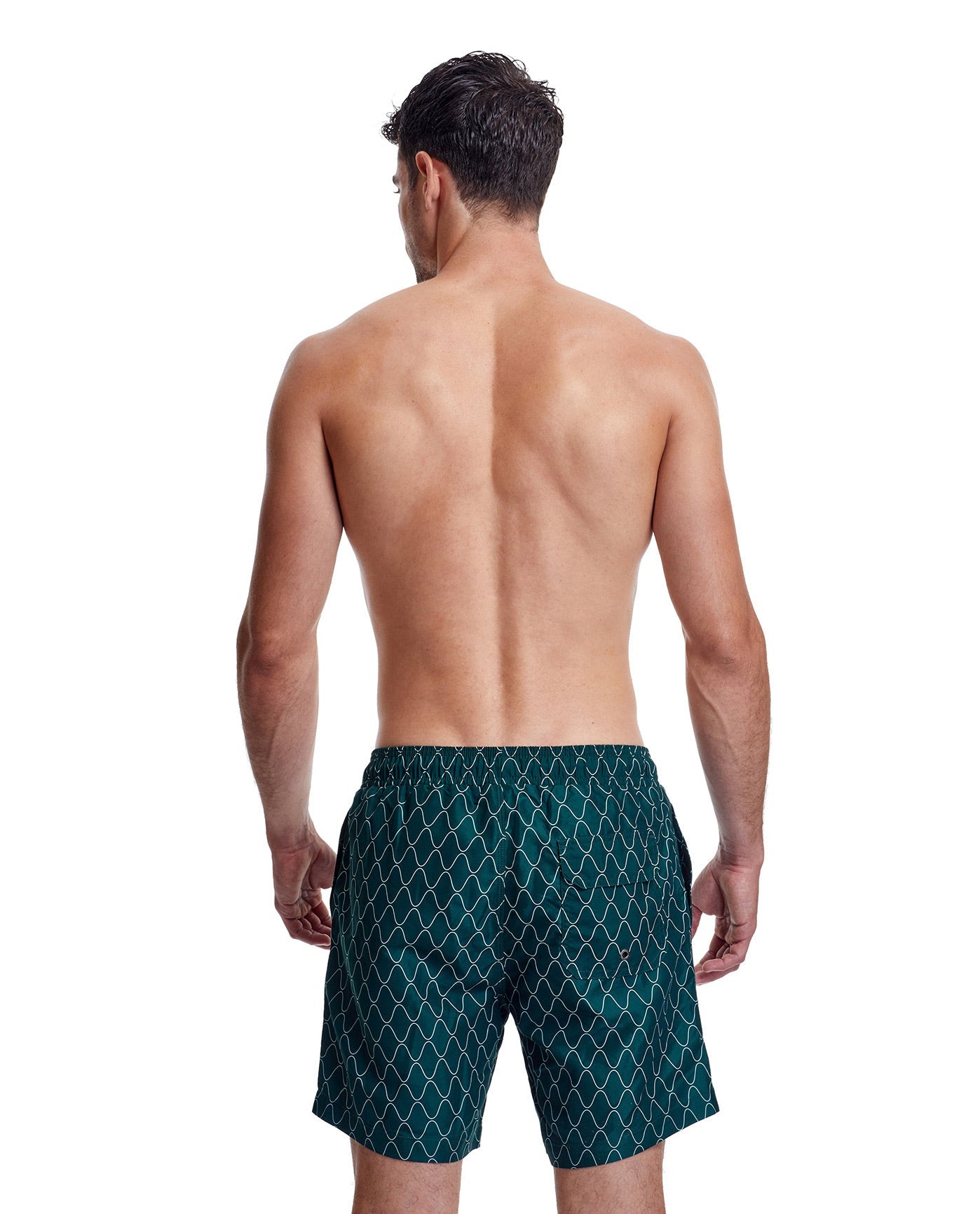 Back View Of Gottex Men 7-Inch Swim Trunks | GOTTEX MEN WAVE PETROL AND WHITE