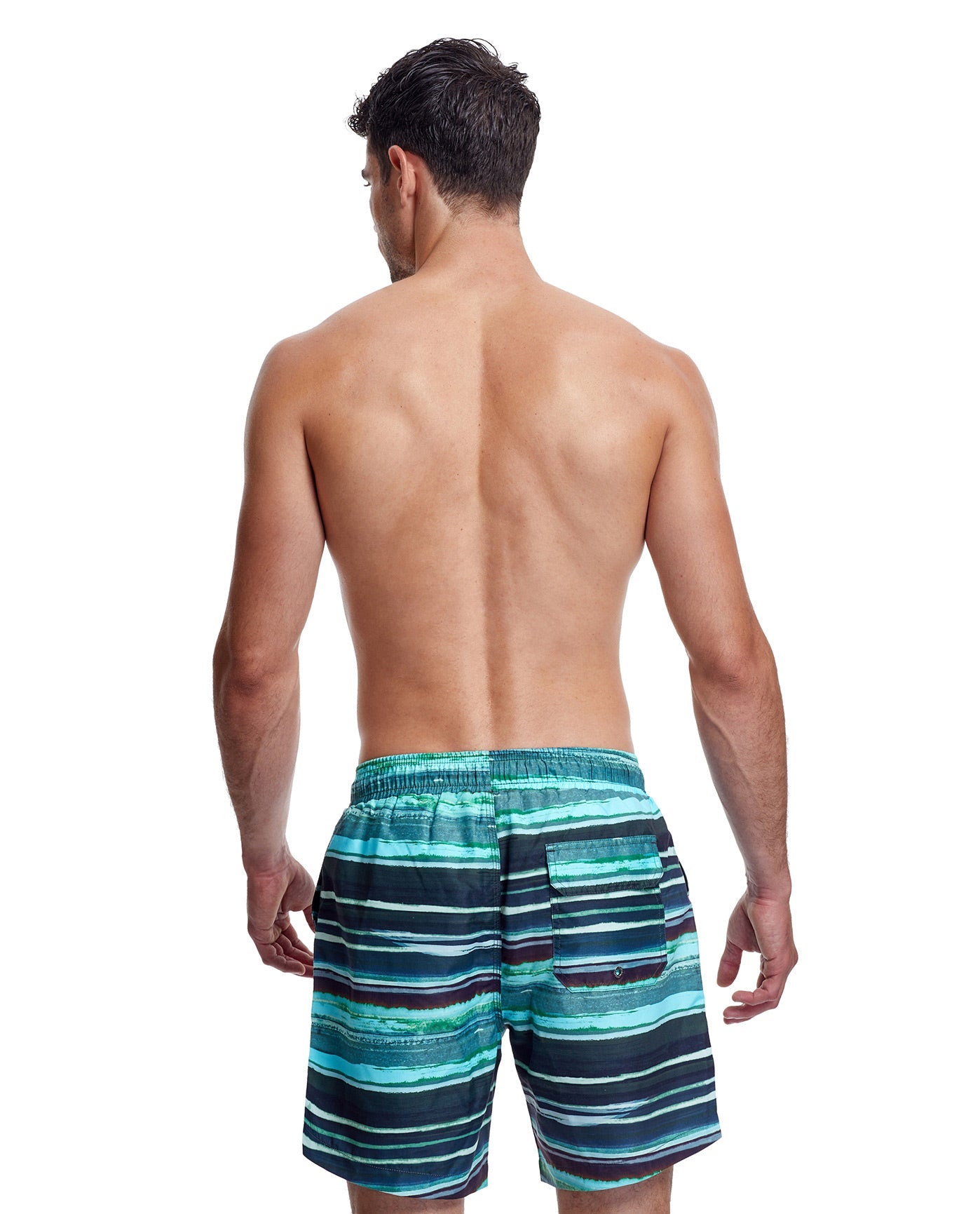 Back View Of Gottex Men 7-Inch Swim Trunks | GOTTEX MEN ABSTRACT BLUE AND GREEN