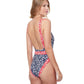 Back View Of Luma Shimmering Daisies V-Neck High Leg One Piece Swimsuit | LUMA SHIMMERING DAISIES NAVY AND RED