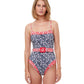 Front View Of Luma Shimmering Daisies Square Neck Underwire One Piece Swimsuit | LUMA SHIMMERING DAISIES NAVY AND RED