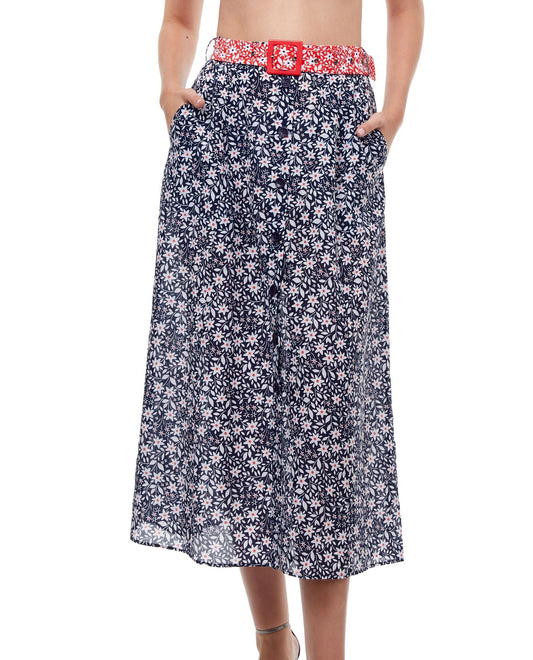 Front View Of Luma Shimmering Daisies Long Cover Up Skirt | LUMA SHIMMERING DAISIES NAVY AND RED
