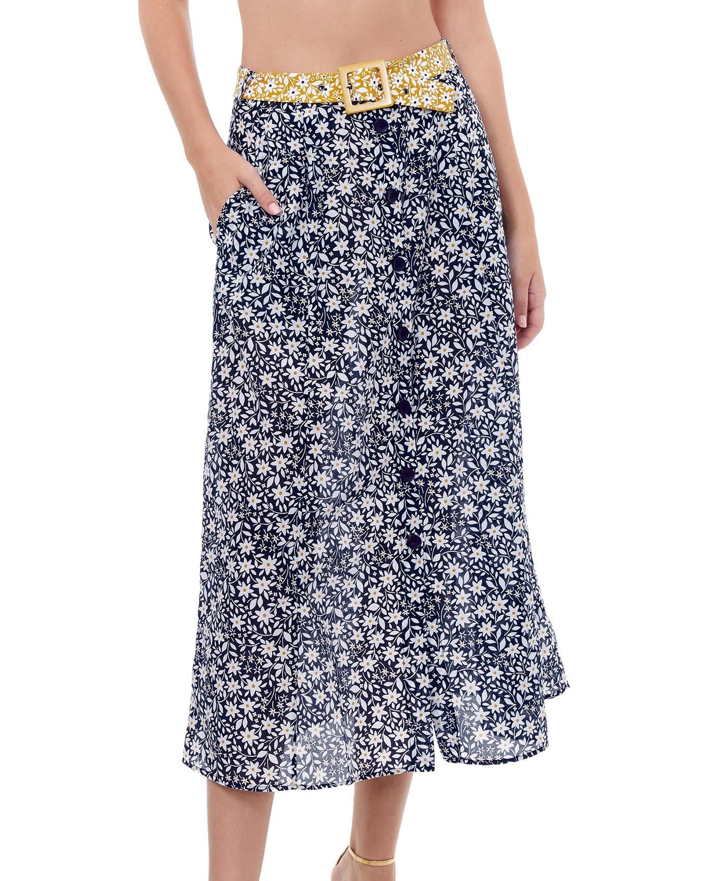 Front View Of Luma Shimmering Daisies Long Cover Up Skirt | LUMA SHIMMERING DAISIES NAVY AND GOLD