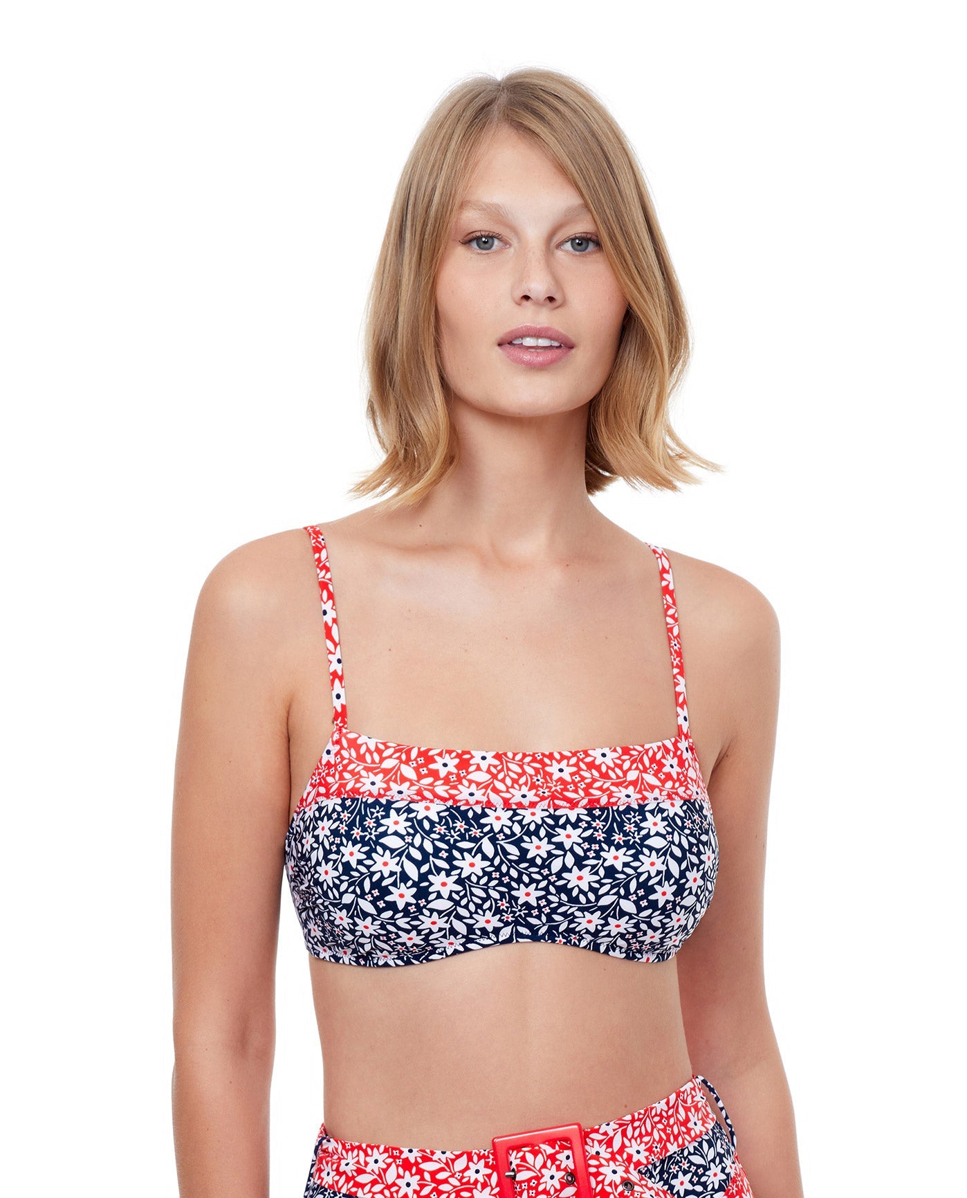 Front View Of Luma Shimmering Daisies Thin Strap Bralette Bikini Top | LUMA SHIMMERING DAISIES NAVY AND RED