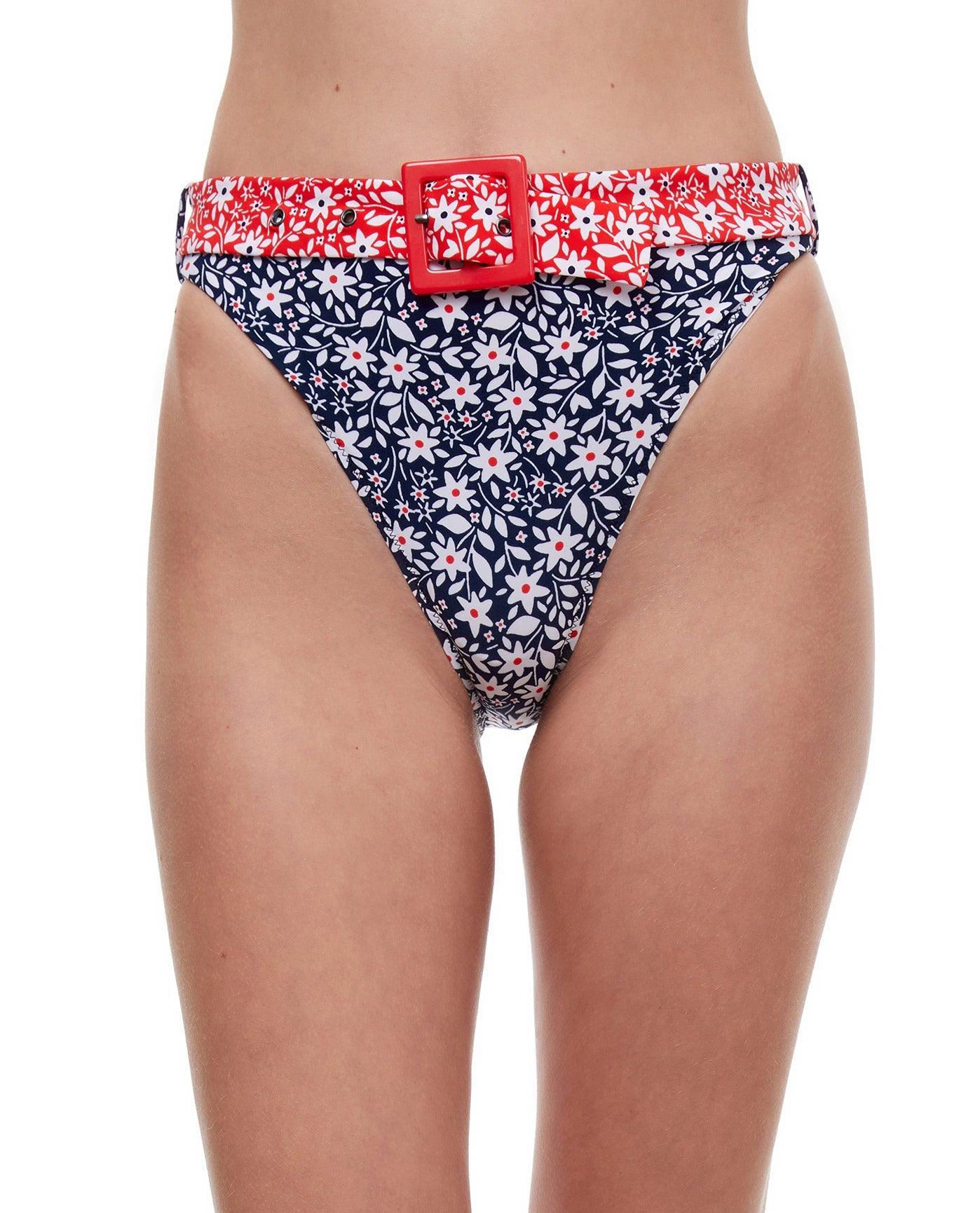 Front View Of Luma Shimmering Daisies High Leg Sexy Bikini Bottom | LUMA SHIMMERING DAISIES NAVY AND RED
