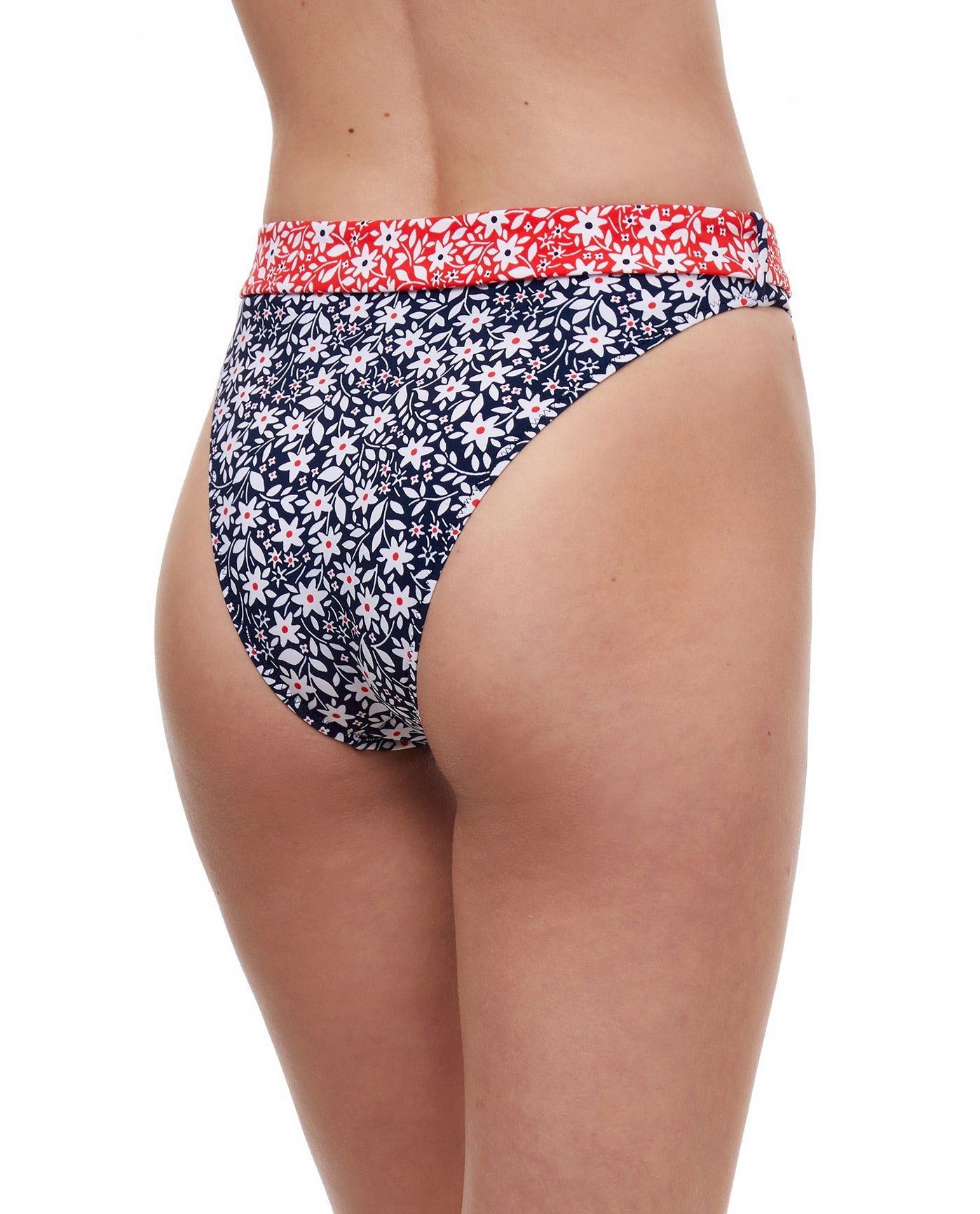 Back View Of Luma Shimmering Daisies High Leg Sexy Bikini Bottom | LUMA SHIMMERING DAISIES NAVY AND RED