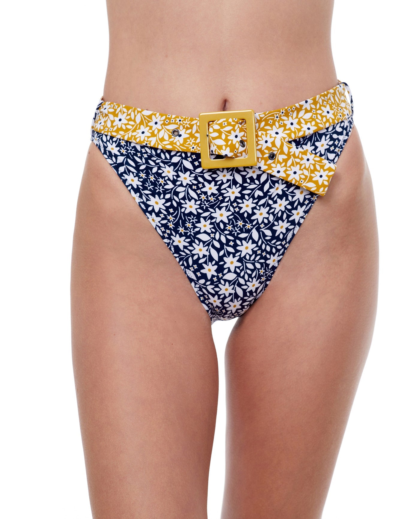 Front View Of Luma Shimmering Daisies High Leg Sexy Bikini Bottom | LUMA SHIMMERING DAISIES NAVY AND GOLD