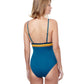 Back View Of Luma Stripes Of Light V-Neck Halter One Piece Swimsuit | LUMA STRIPES OF LIGHT BLUE