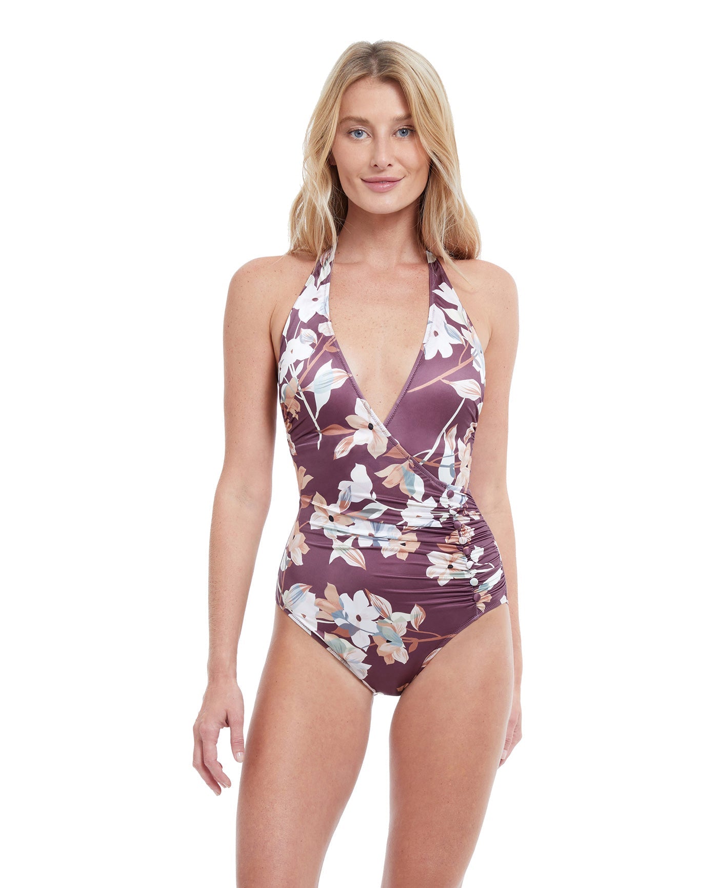 Front View Of Gottex Classic Amore Deep Plunge Halter One Piece Swimsuit | Gottex Amore Mauve