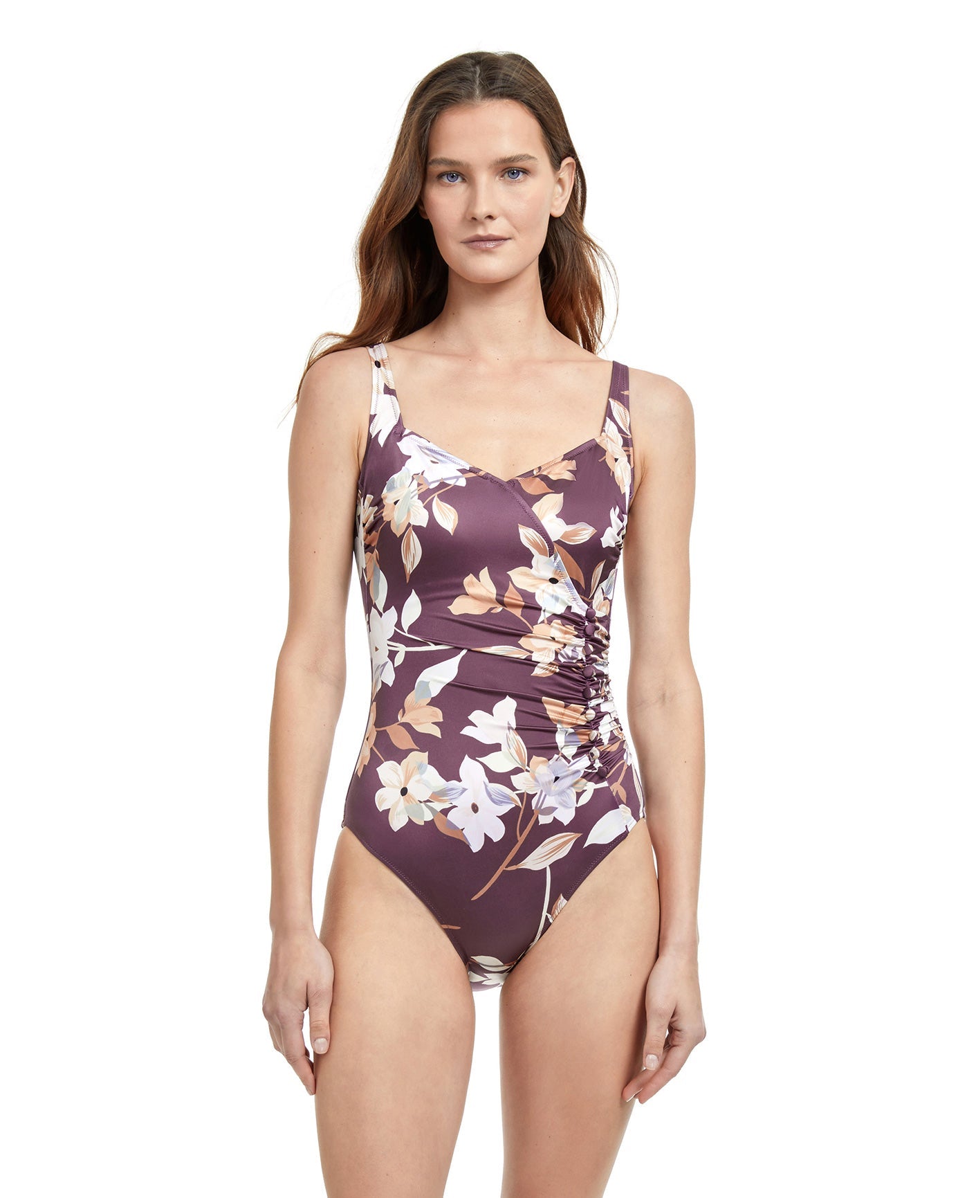 Front View Of Gottex Classic Amore Full Coverage Shaped Square Neck One Piece Swimsuit | Gottex Amore Mauve