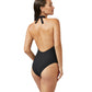 Back View Of Luma Blair Halter Surplice Sexy Back One Piece Swimsuit | LUMA BLAIR BLACK