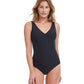 Front View Of Gottex Essentials Day Dream Textured Full Coverage V-Neck Surplice One Piece Swimsuit | Gottex Day Dream Black