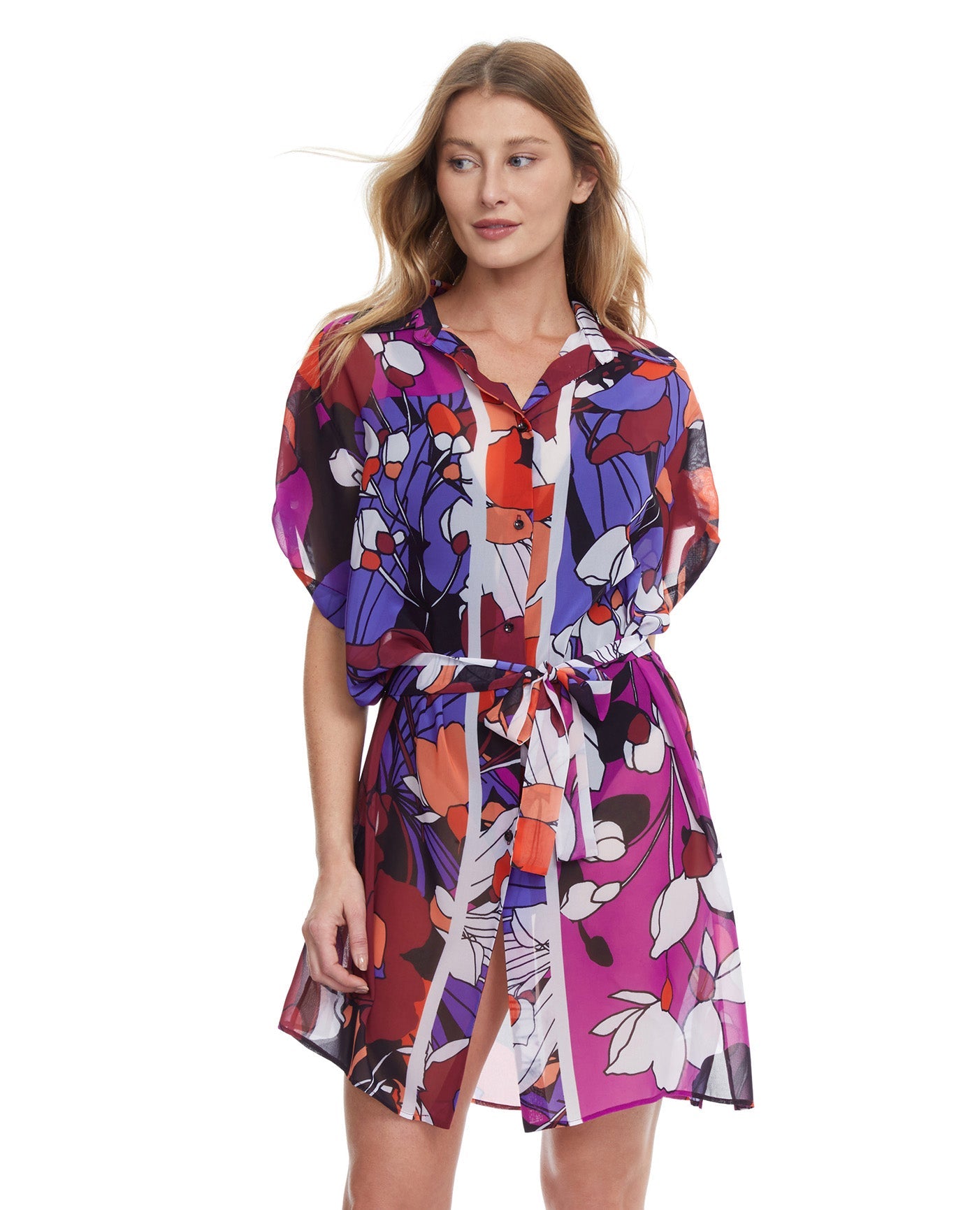 Front View Of Gottex Resortwear Floral Art Belted Cover Up Blouse Dress | Gottex Floral Art Plum
