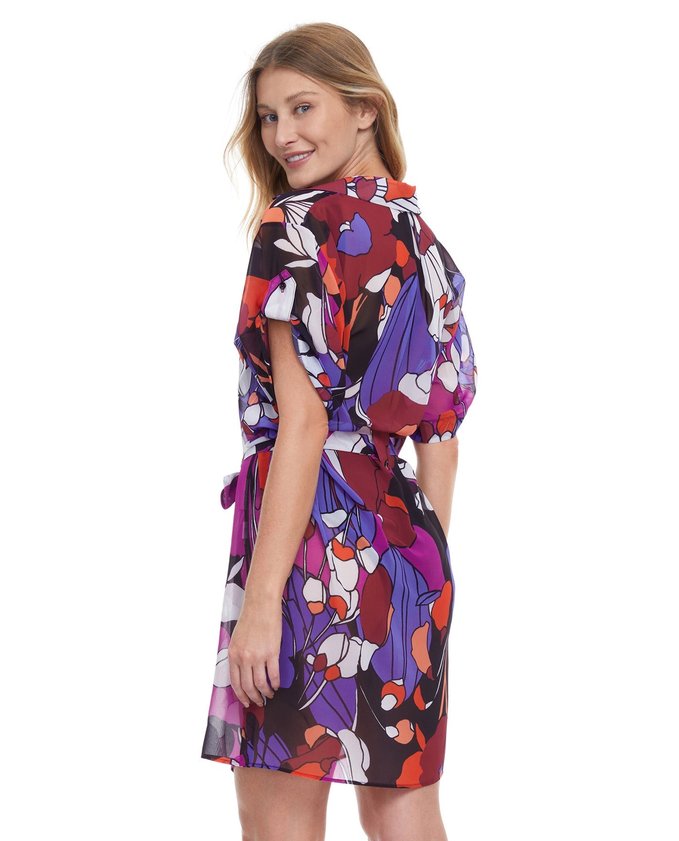 Back View Of Gottex Resortwear Floral Art Belted Cover Up Blouse Dress | Gottex Floral Art Plum