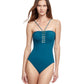 Front View Of Gottex Classic Golden Touch Bandeau Strapless One Piece Swimsuit | Gottex Golden Touch Teal