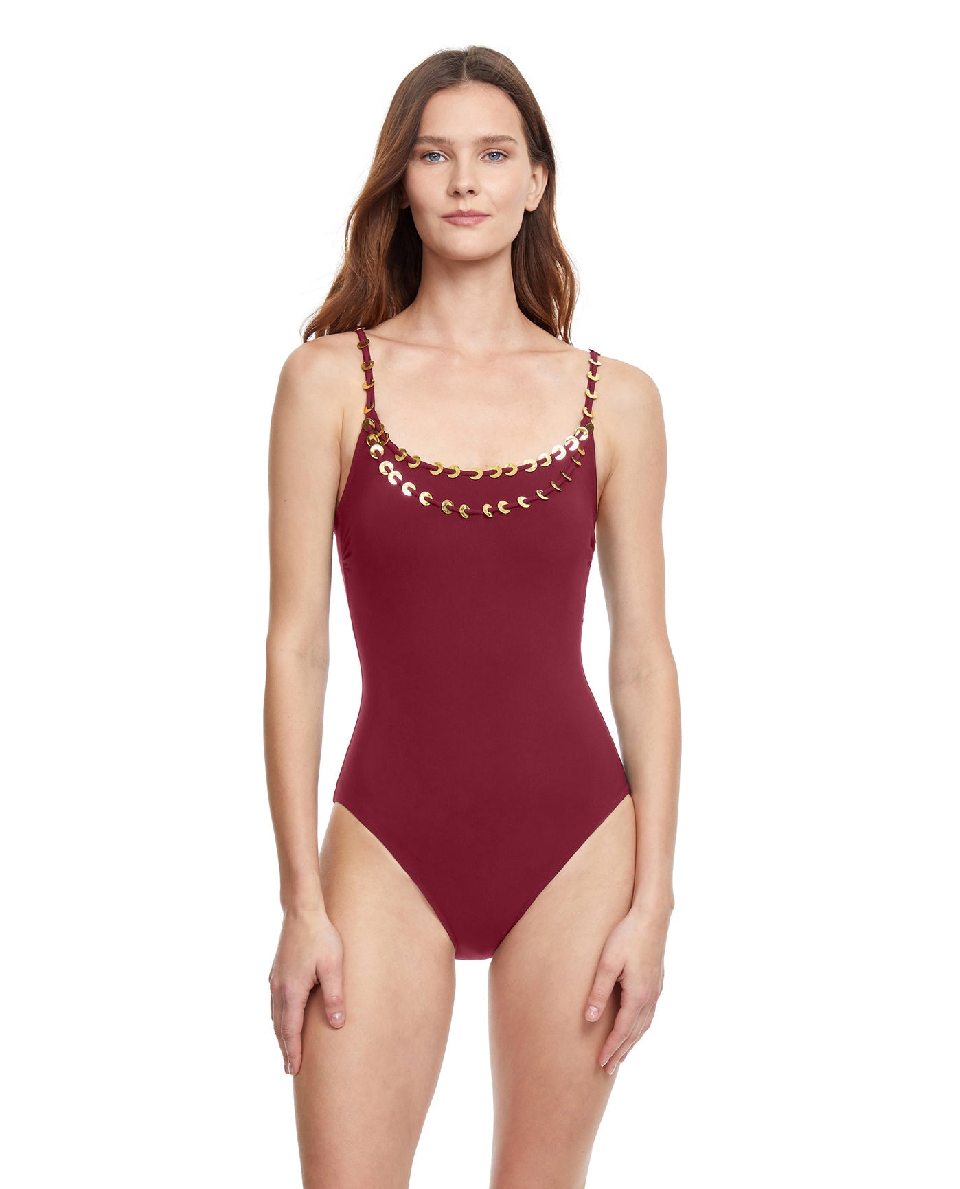 Front View Of Gottex Classic Golden Touch Round Neck One Piece Swimsuit | Gottex Golden Touch Wine
