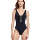 Front View Of Gottex Classic Golden Touch V-Neck One Piece Swimsuit | Gottex Golden Touch Black
