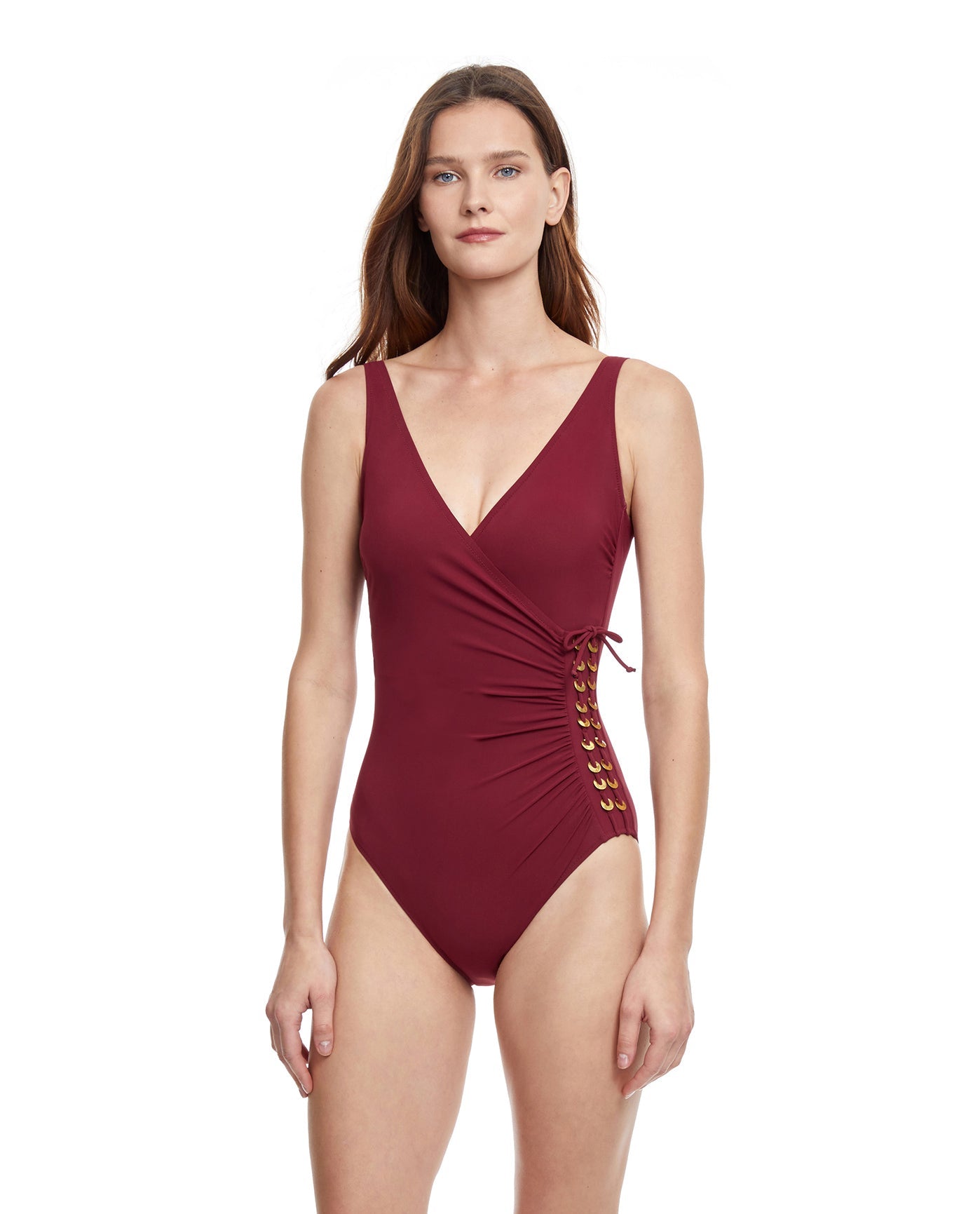 Front View Of Gottex Classic Golden Touch Full Coverage Surplice One Piece Swimsuit | Gottex Golden Touch Wine