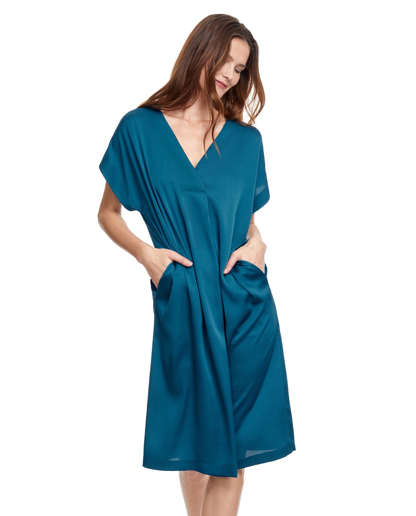 alternate front 1 View Of Gottex Classic Golden Touch V-Neck Long Tunic | Gottex Golden Touch Teal