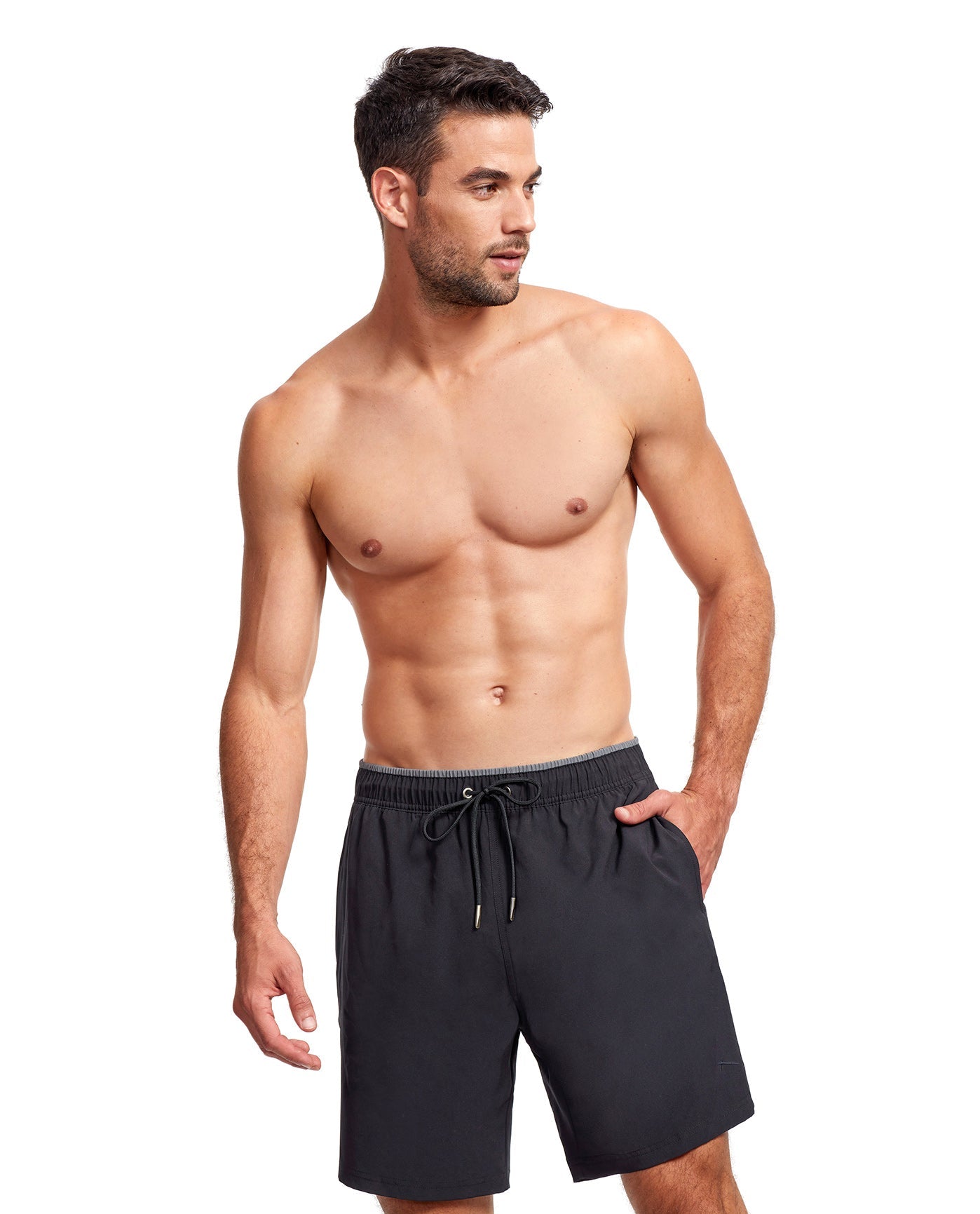 Front View Of Gottex Men 7-Inch Swim Trunks | GOTTEX MEN BLACK AND GREY ACCENT