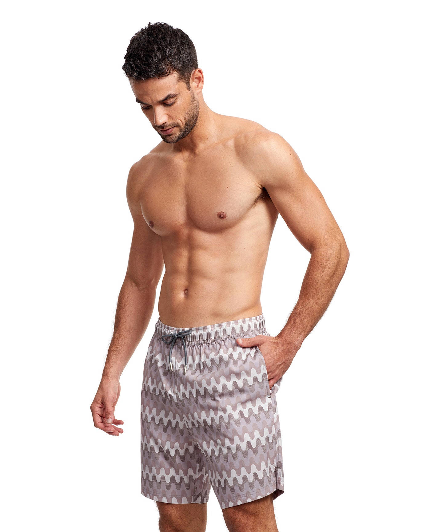 Side View View Of Gottex Men 7-Inch Swim Trunks | GOTTEX MEN TAUPE WAVE