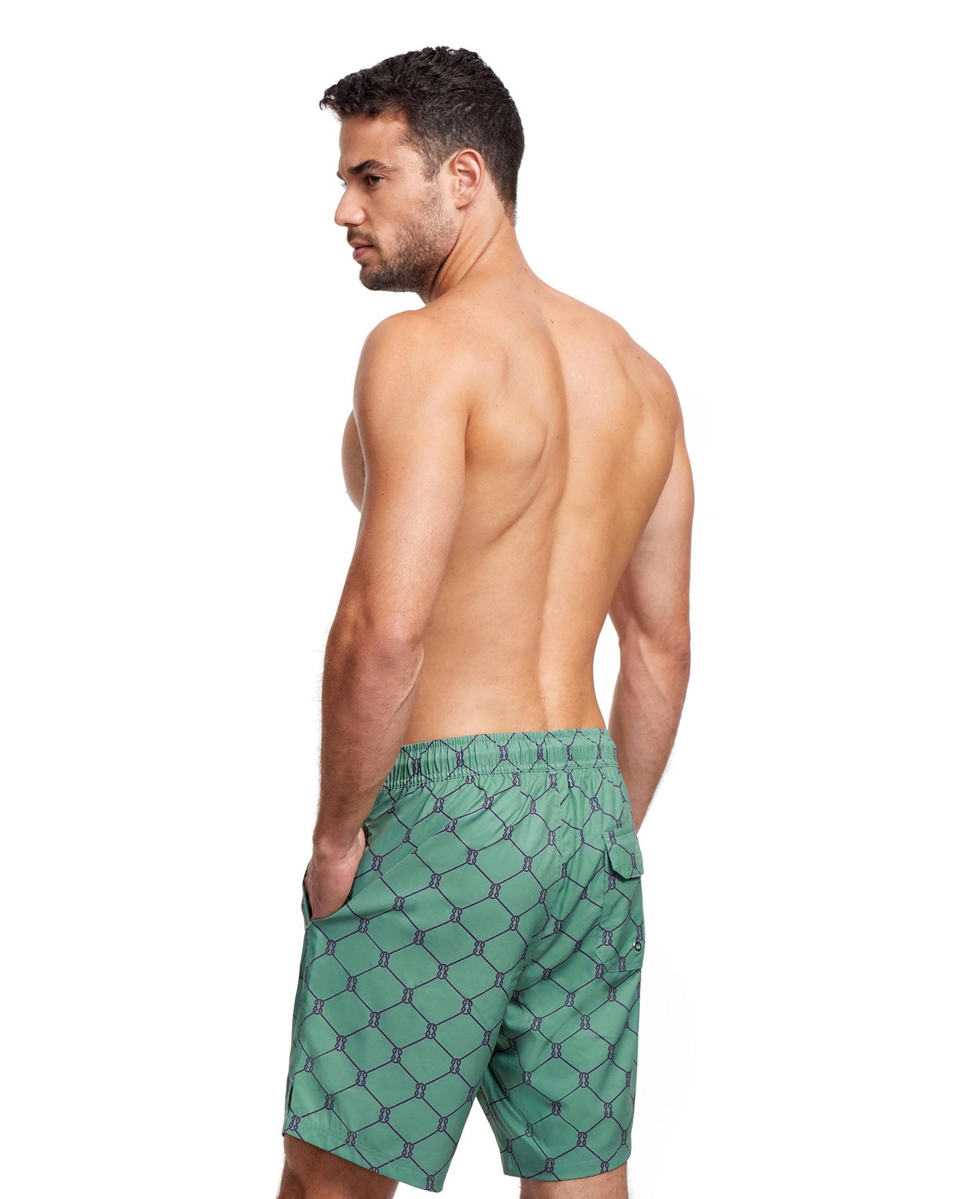 Back View Of Gottex Men 7-Inch Swim Trunks | GOTTEX MEN GREEN AND NAVY DIAMOND