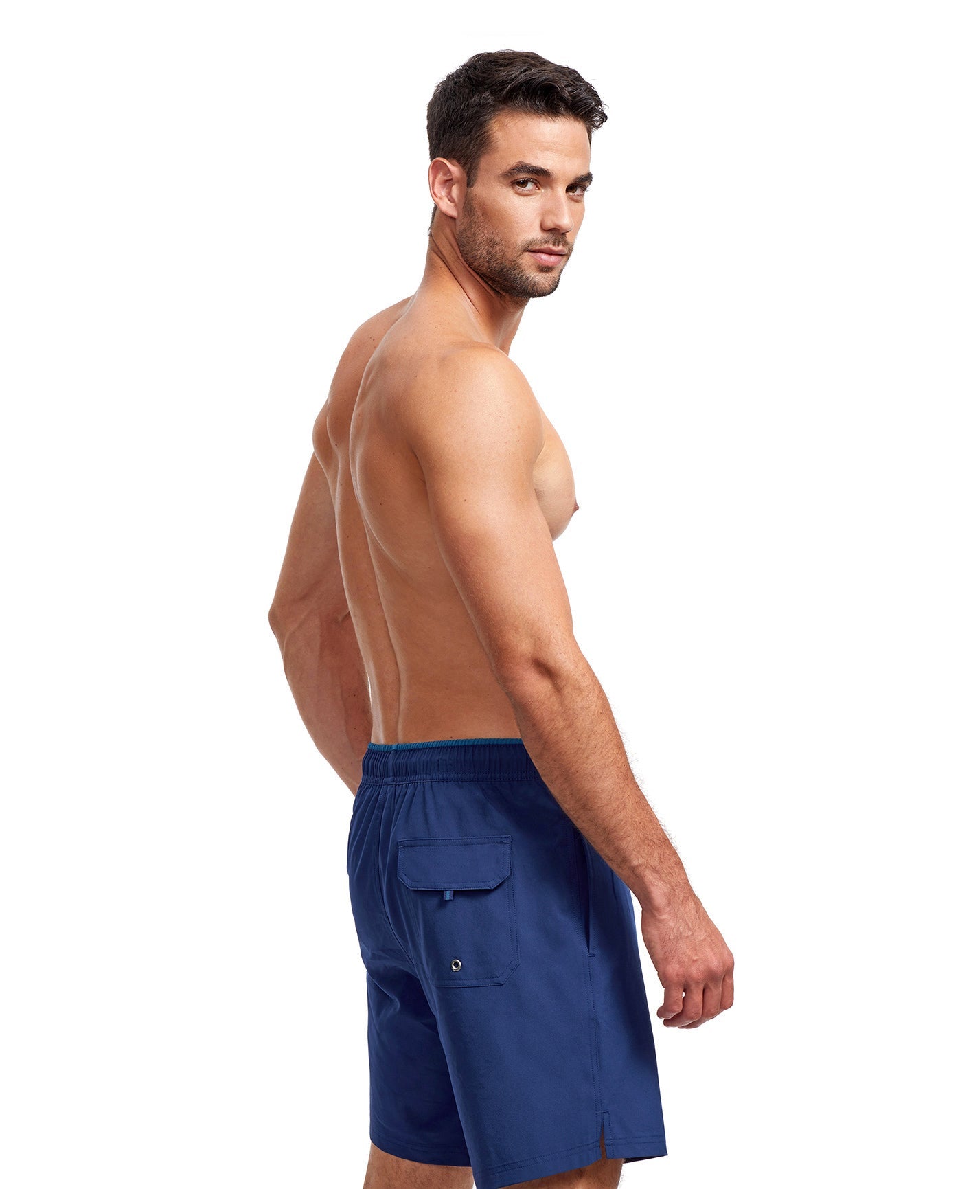 Back View Of Gottex Men 7-Inch Swim Trunks | GOTTEX MEN NAVY AND PETROL ACCENT