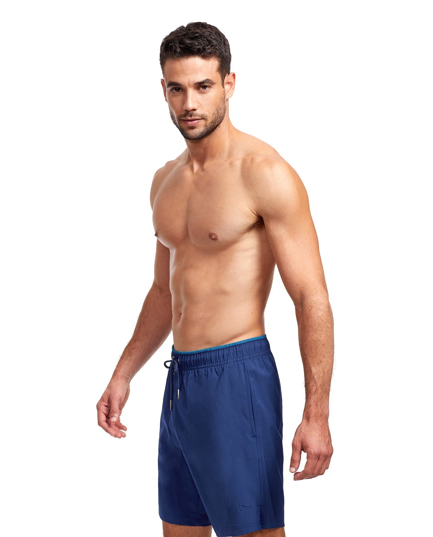Side View View Of Gottex Men 7-Inch Swim Trunks | GOTTEX MEN NAVY AND PETROL ACCENT