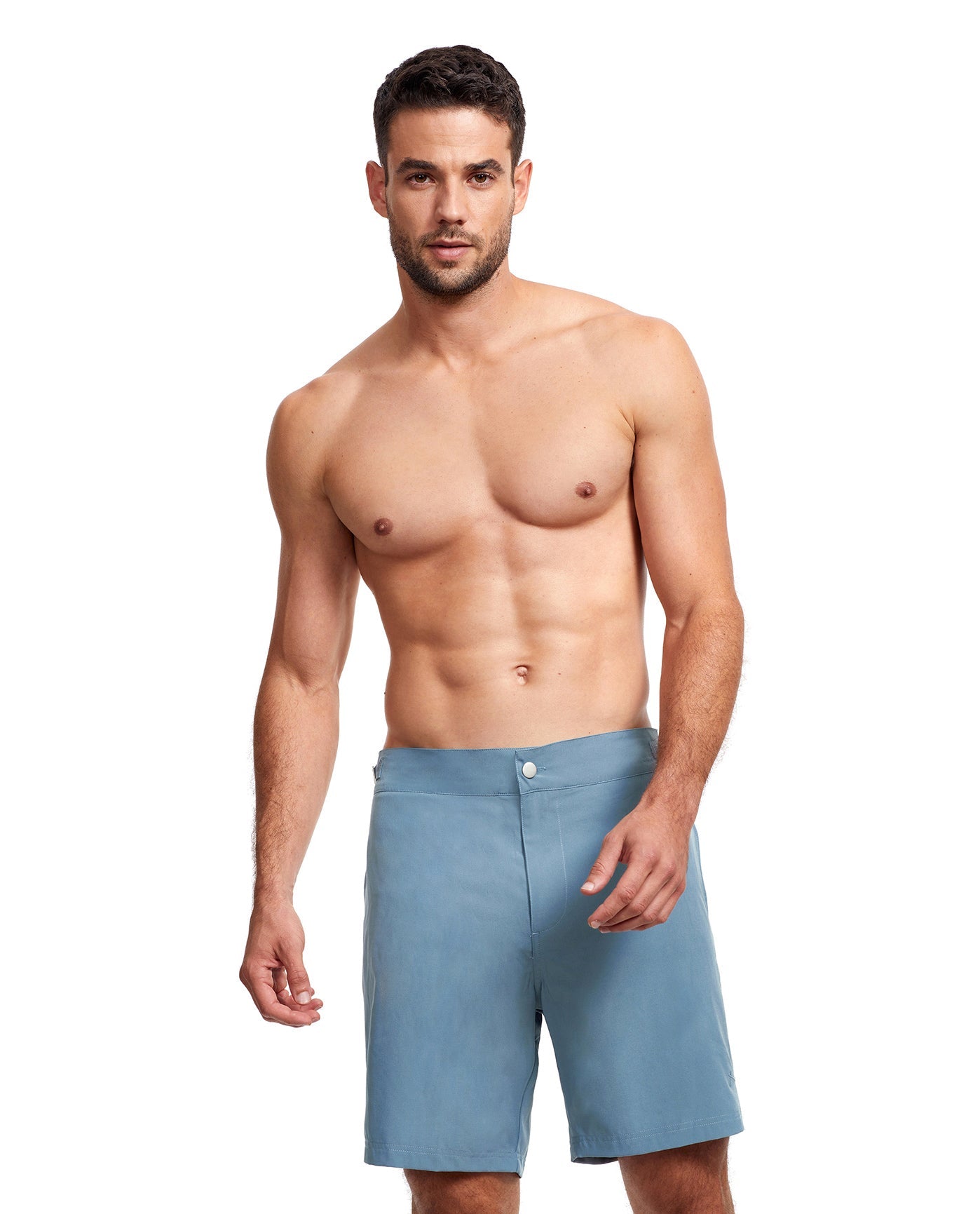 Front View Of Gottex Men 7-Inch Swim Trunks | GOTTEX MEN LIGHT BLUE AND NAVY ACCENT