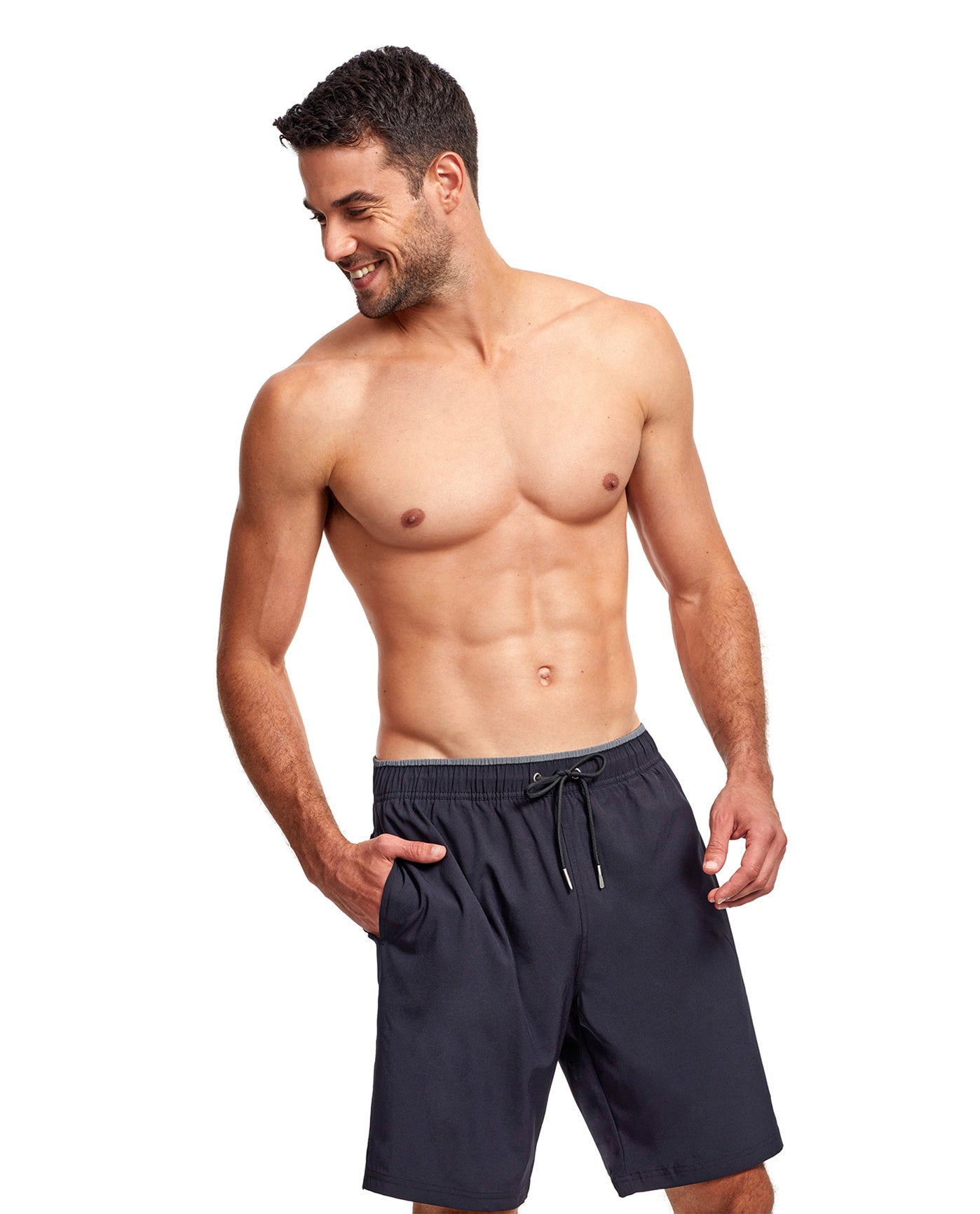 Front View Of Gottex Men 9-Inch Swim Trunks | GOTTEX MEN BLACK AND GREY ACCENT