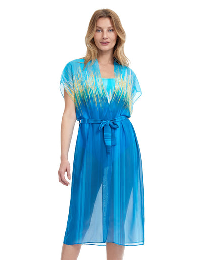 Front View Of Gottex Essentials Moroccan Sky Belted Kimono Cover Up | Gottex Moroccan Sky Blue