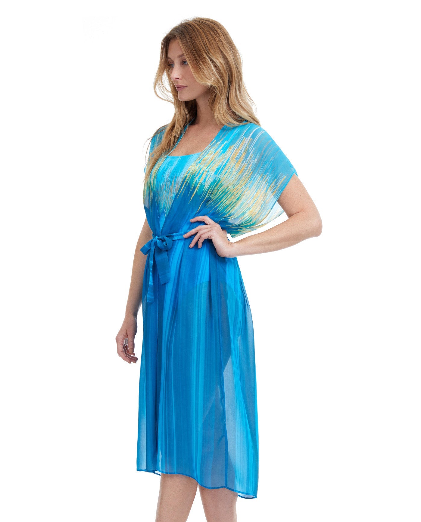 Side View View Of Gottex Essentials Moroccan Sky Belted Kimono Cover Up | Gottex Moroccan Sky Blue