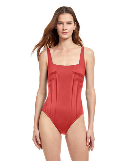 Front View Of Gottex Classic Paloma Full Coverage Square Neck One Piece Swimsuit | Gottex Paloma Terracotta